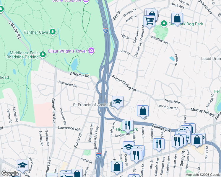 map of restaurants, bars, coffee shops, grocery stores, and more near 15 Leonard Circle in Medford