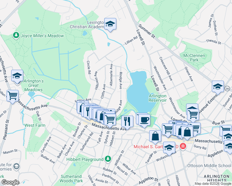 map of restaurants, bars, coffee shops, grocery stores, and more near 63 Bow Street in Lexington