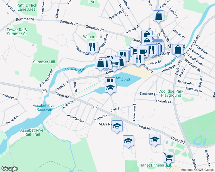 map of restaurants, bars, coffee shops, grocery stores, and more near 2 Sudbury Court in Maynard