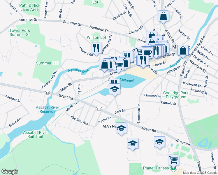 map of restaurants, bars, coffee shops, grocery stores, and more near 2 Sudbury Court in Maynard