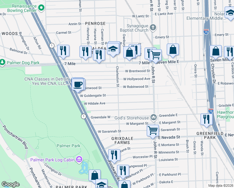 map of restaurants, bars, coffee shops, grocery stores, and more near 412 West Goldengate Street in Detroit