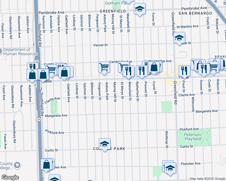 map of restaurants, bars, coffee shops, grocery stores, and more near 18936 Murray Hill Street in Detroit