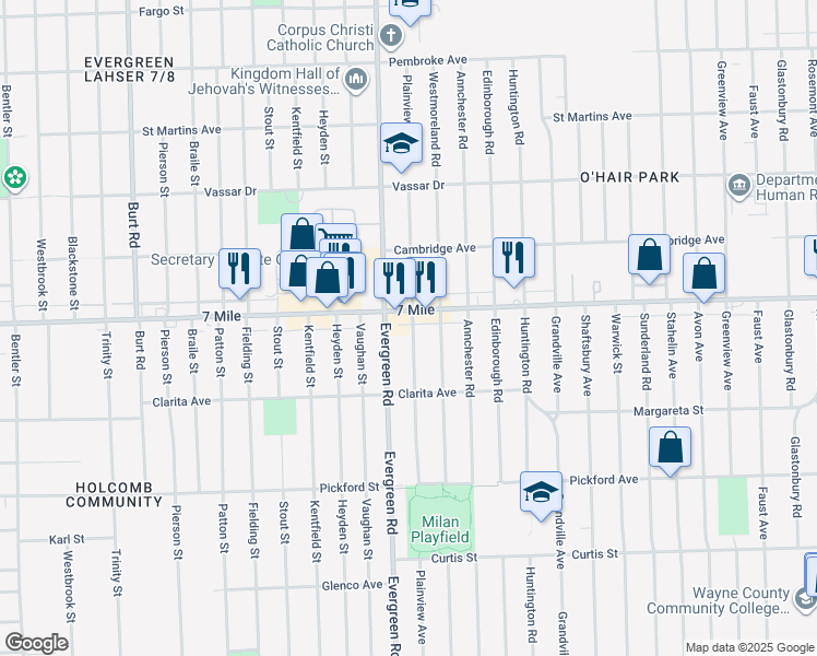 map of restaurants, bars, coffee shops, grocery stores, and more near 19029 Plainview Avenue in Detroit