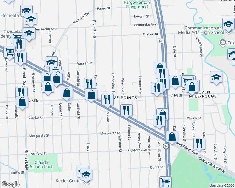 map of restaurants, bars, coffee shops, grocery stores, and more near 24620 West Seven Mile Road in Detroit