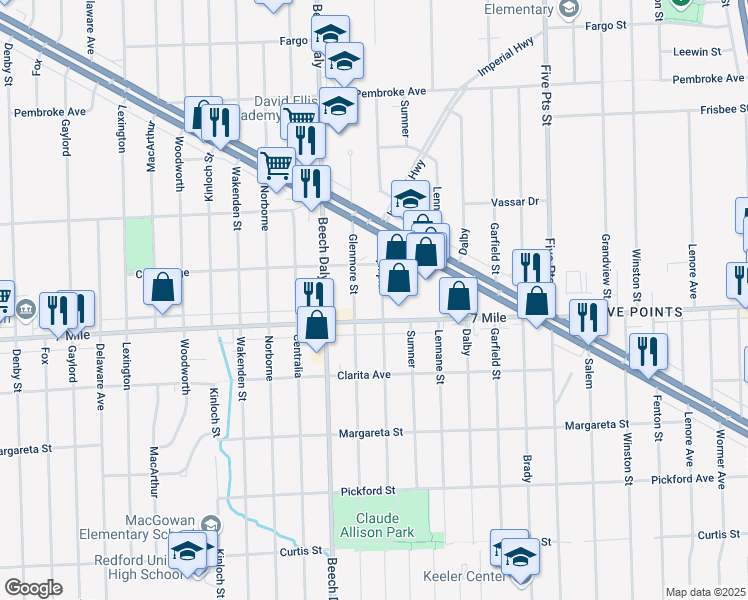 map of restaurants, bars, coffee shops, grocery stores, and more near 19149 Olympia in Redford Charter Township