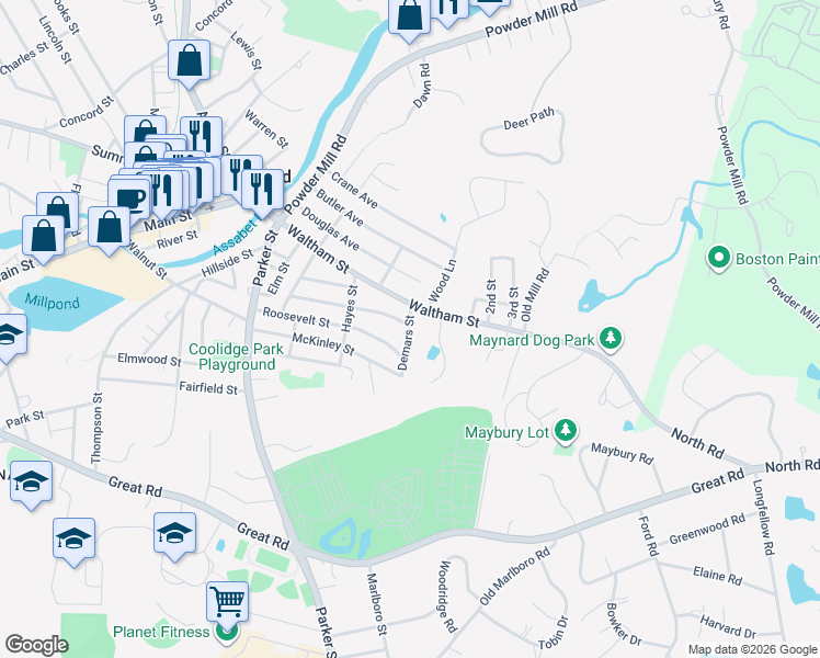 map of restaurants, bars, coffee shops, grocery stores, and more near 8 Demars Street in Maynard