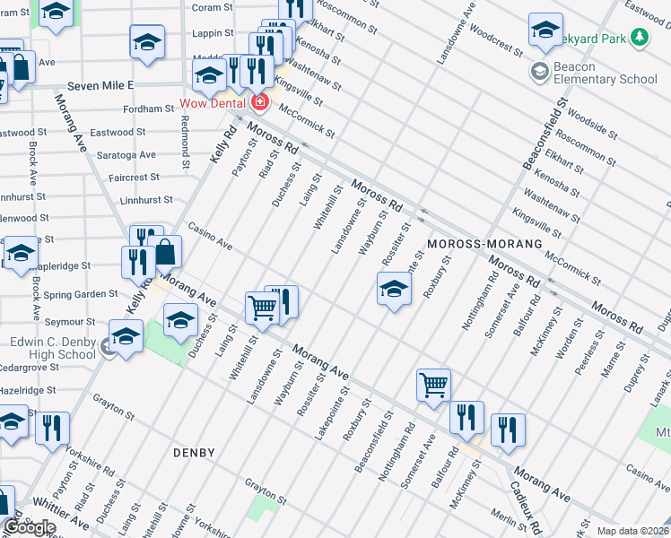 map of restaurants, bars, coffee shops, grocery stores, and more near 12276 Lansdowne Street in Detroit