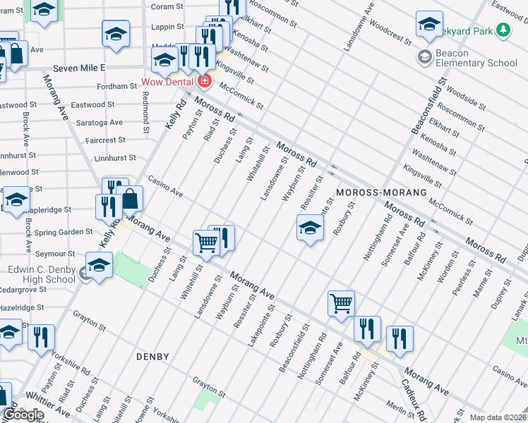 map of restaurants, bars, coffee shops, grocery stores, and more near 12276 Lansdowne St in Detroit