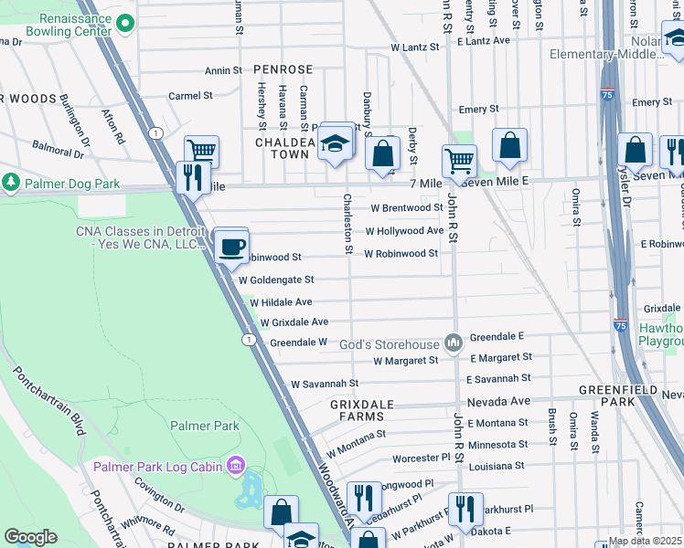 map of restaurants, bars, coffee shops, grocery stores, and more near 412 West Goldengate Street in Detroit