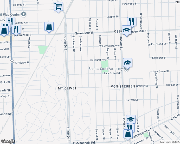 map of restaurants, bars, coffee shops, grocery stores, and more near 18408 Algonac Street in Detroit