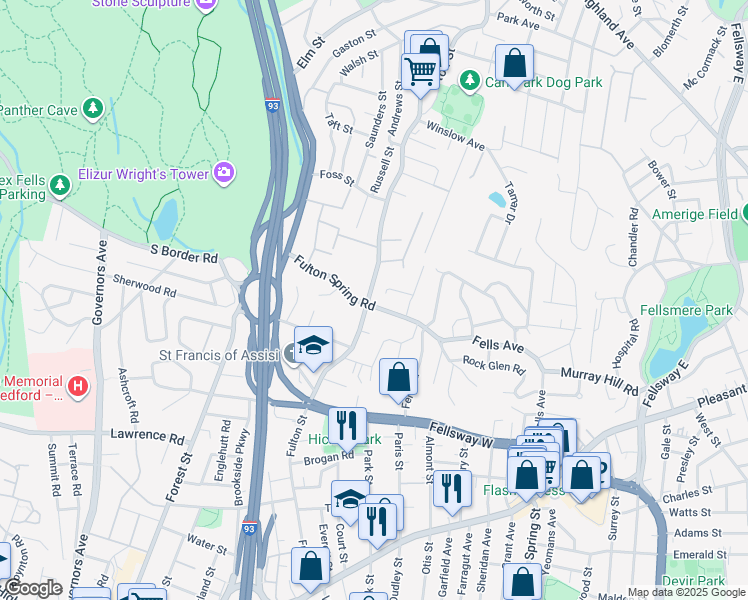 map of restaurants, bars, coffee shops, grocery stores, and more near 239 Fulton Street in Medford
