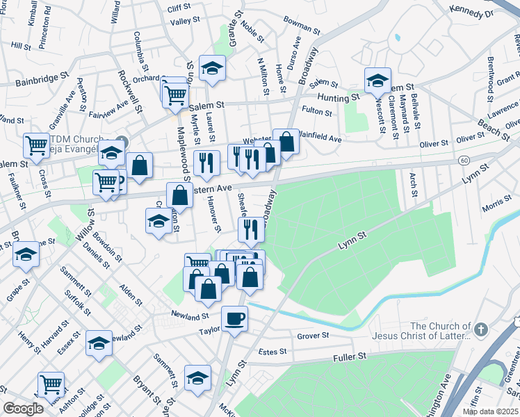 map of restaurants, bars, coffee shops, grocery stores, and more near 16 Byron Street in Malden