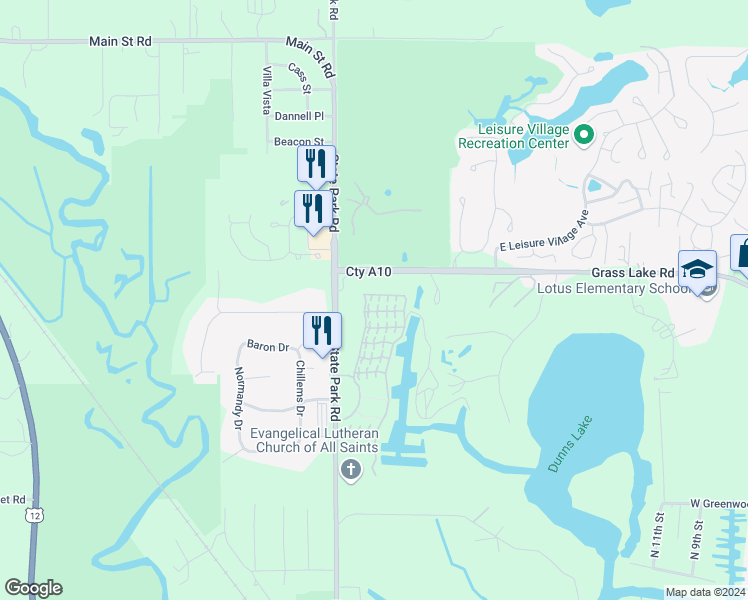 map of restaurants, bars, coffee shops, grocery stores, and more near 13 Saint Thomas Colony Street in Fox Lake