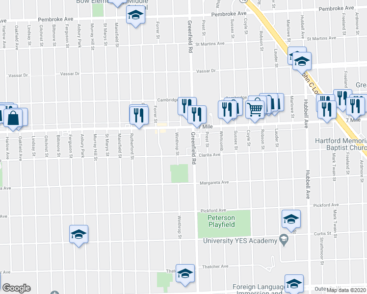 map of restaurants, bars, coffee shops, grocery stores, and more near 18936 Winthrop St in Detroit
