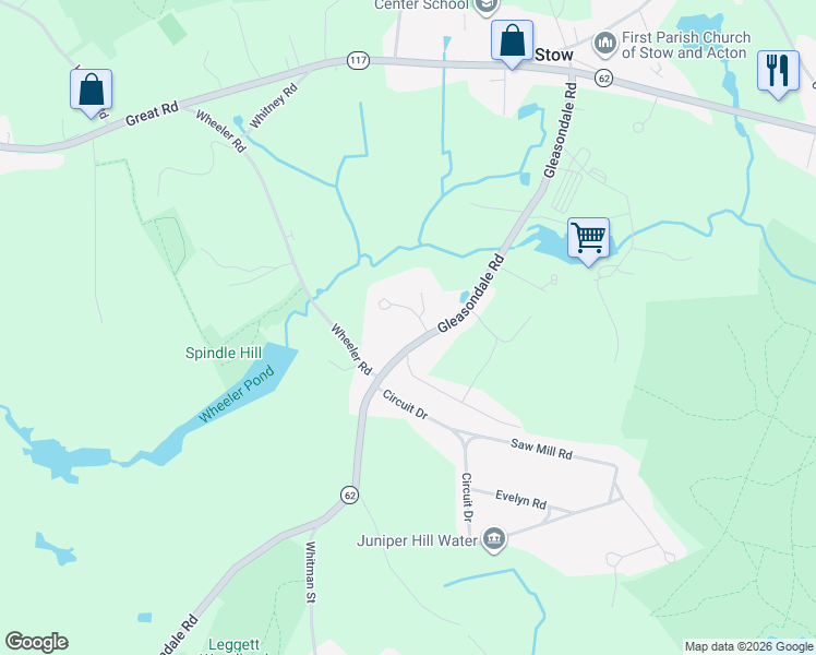 map of restaurants, bars, coffee shops, grocery stores, and more near 135 Gleasondale Road in Stow