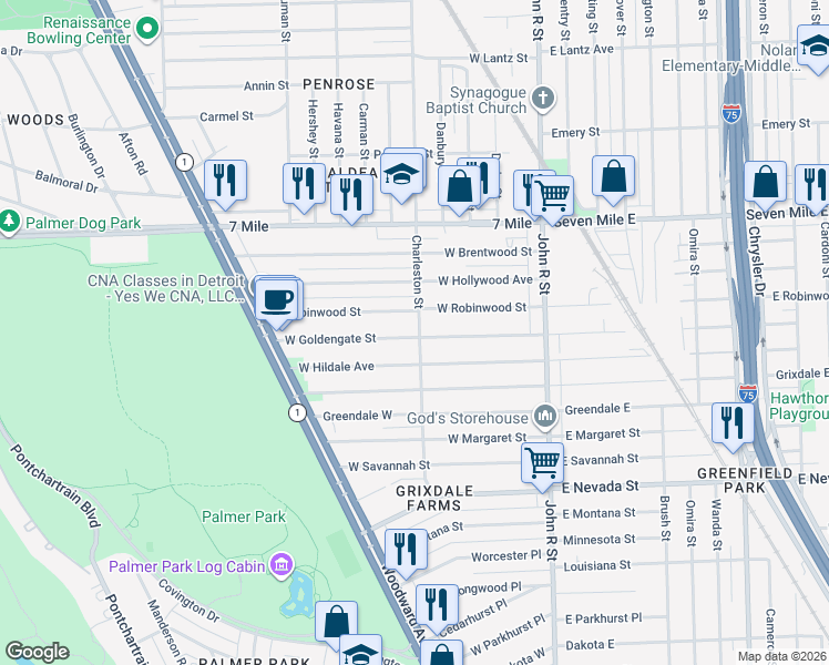 map of restaurants, bars, coffee shops, grocery stores, and more near 412 West Goldengate Street in Detroit