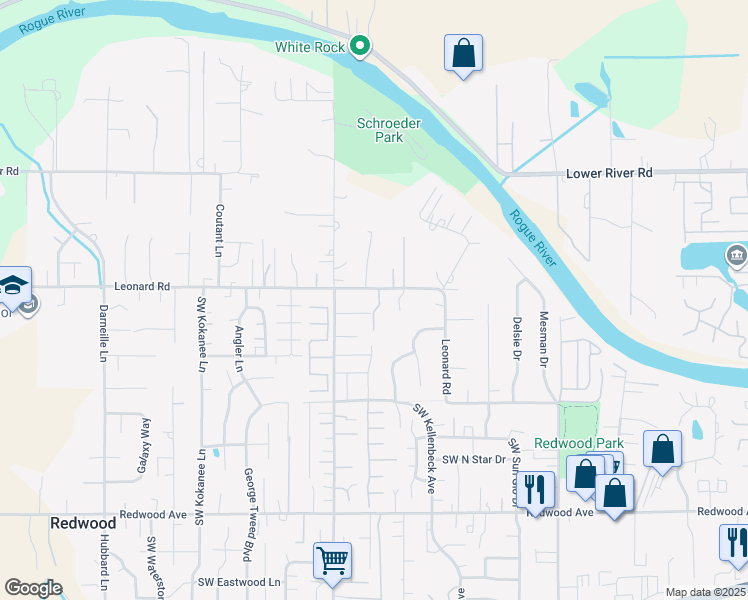 map of restaurants, bars, coffee shops, grocery stores, and more near 2409 Leonard Road in Grants Pass