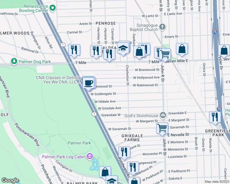 map of restaurants, bars, coffee shops, grocery stores, and more near 494 West Goldengate Street in Detroit