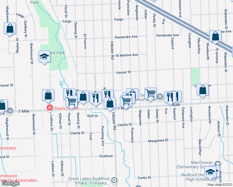 map of restaurants, bars, coffee shops, grocery stores, and more near 19200 Inkster Road in Redford Charter Township