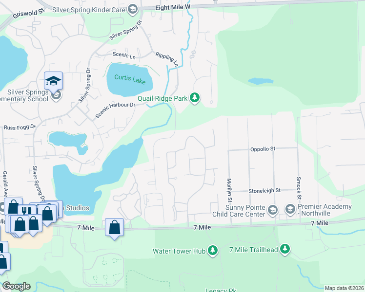map of restaurants, bars, coffee shops, grocery stores, and more near 19485 Cardene Way in Northville
