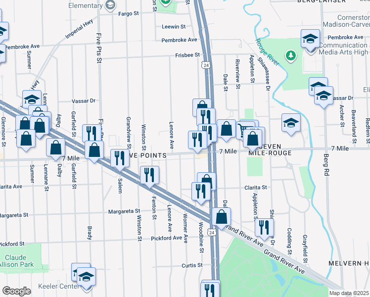 map of restaurants, bars, coffee shops, grocery stores, and more near 24270 West Seven Mile Road in Detroit