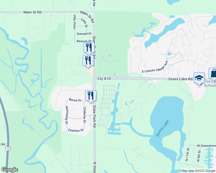 map of restaurants, bars, coffee shops, grocery stores, and more near 13 Saint Thomas Colony Street in Fox Lake