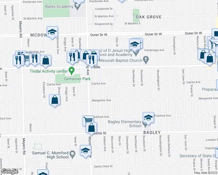 map of restaurants, bars, coffee shops, grocery stores, and more near 18691 Wisconsin Street in Detroit