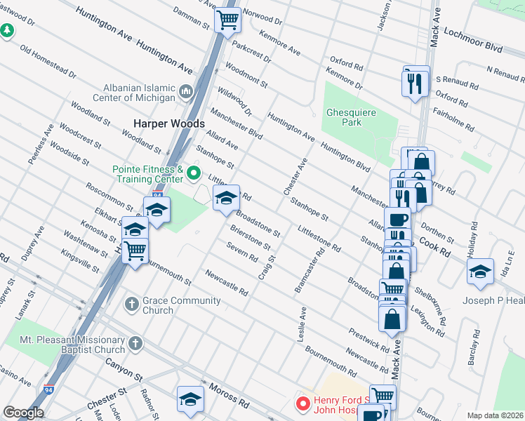 map of restaurants, bars, coffee shops, grocery stores, and more near 21326 Littlestone Road in Harper Woods