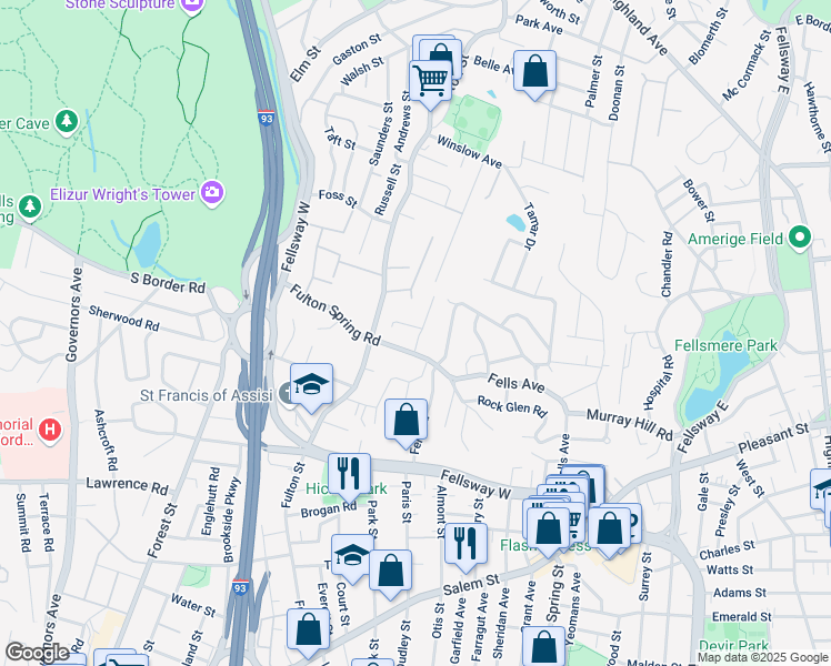 map of restaurants, bars, coffee shops, grocery stores, and more near 16 Cobb Street in Medford