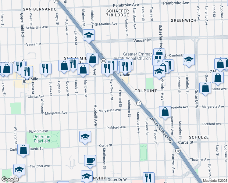 map of restaurants, bars, coffee shops, grocery stores, and more near 18904 Mark Twain Street in Detroit