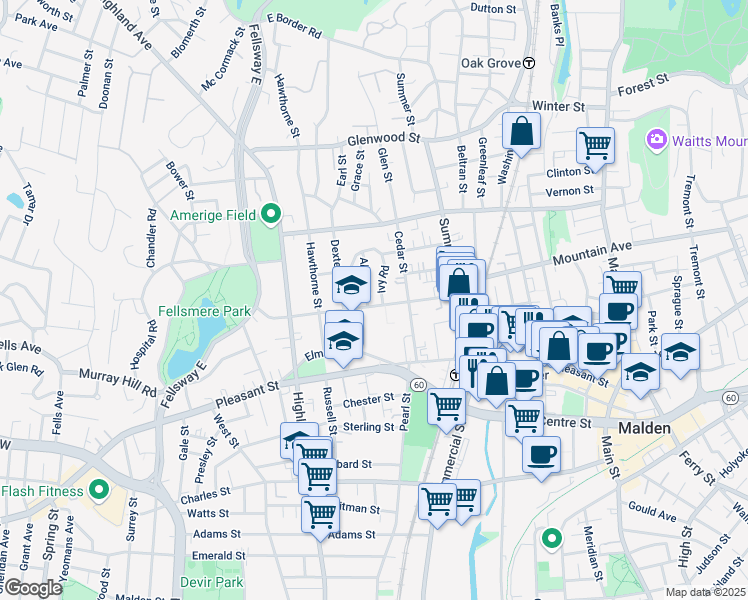 map of restaurants, bars, coffee shops, grocery stores, and more near 96 Maple Street in Malden