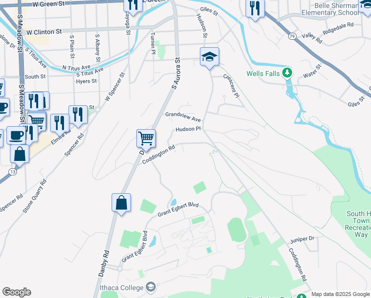 map of restaurants, bars, coffee shops, grocery stores, and more near 134 Coddington Road in Ithaca