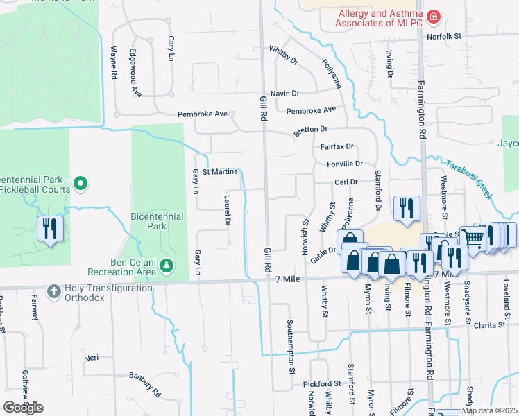 map of restaurants, bars, coffee shops, grocery stores, and more near 19459 Gill Road in Livonia
