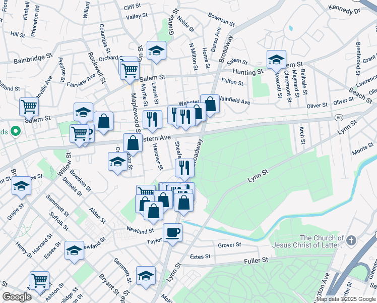 map of restaurants, bars, coffee shops, grocery stores, and more near 16 Byron Street in Malden