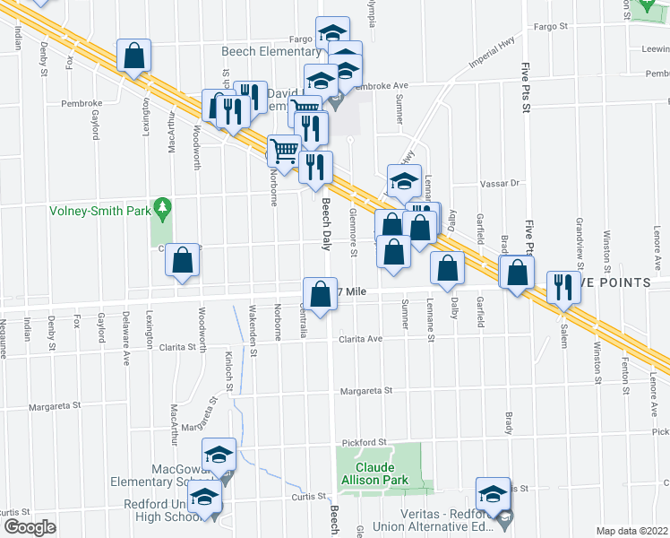map of restaurants, bars, coffee shops, grocery stores, and more near 19150 Beech Daly in Redford Charter Township