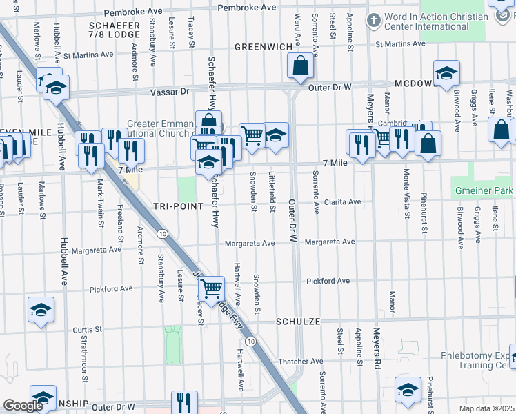 map of restaurants, bars, coffee shops, grocery stores, and more near 18718 Snowden Street in Detroit