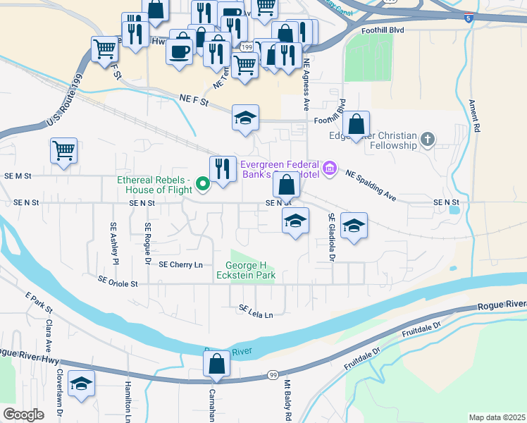 map of restaurants, bars, coffee shops, grocery stores, and more near 1783 Southeast Rosebank Way in Grants Pass