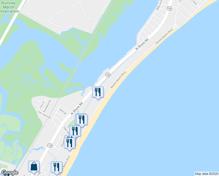 map of restaurants, bars, coffee shops, grocery stores, and more near 41 Revere Beach Boulevard in Revere