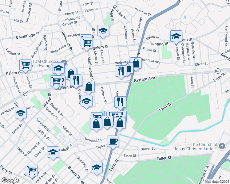 map of restaurants, bars, coffee shops, grocery stores, and more near 39 Marlboro Street in Malden