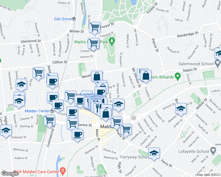 map of restaurants, bars, coffee shops, grocery stores, and more near 43 Park Street in Malden