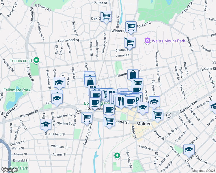 map of restaurants, bars, coffee shops, grocery stores, and more near 54 Washington Street in Malden