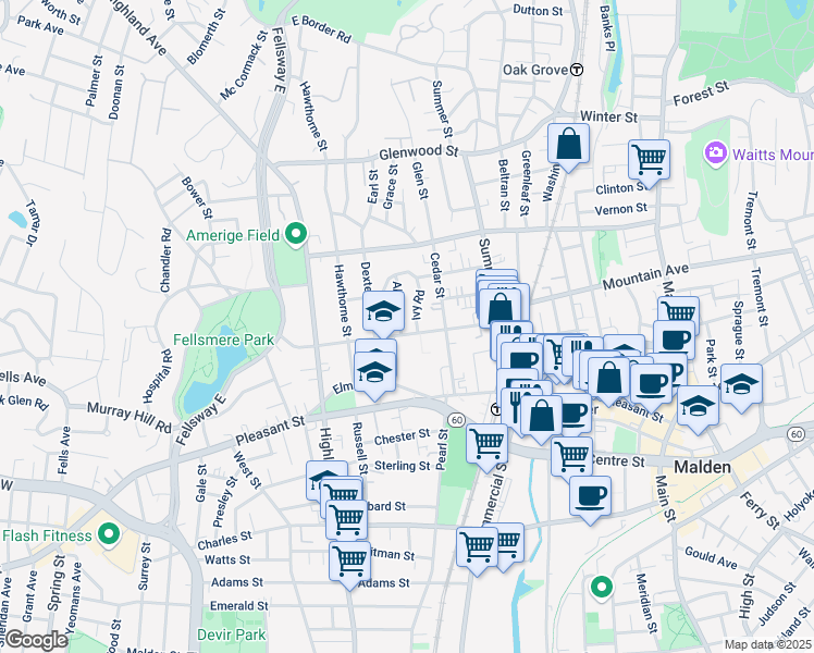 map of restaurants, bars, coffee shops, grocery stores, and more near 96 Maple Street in Malden