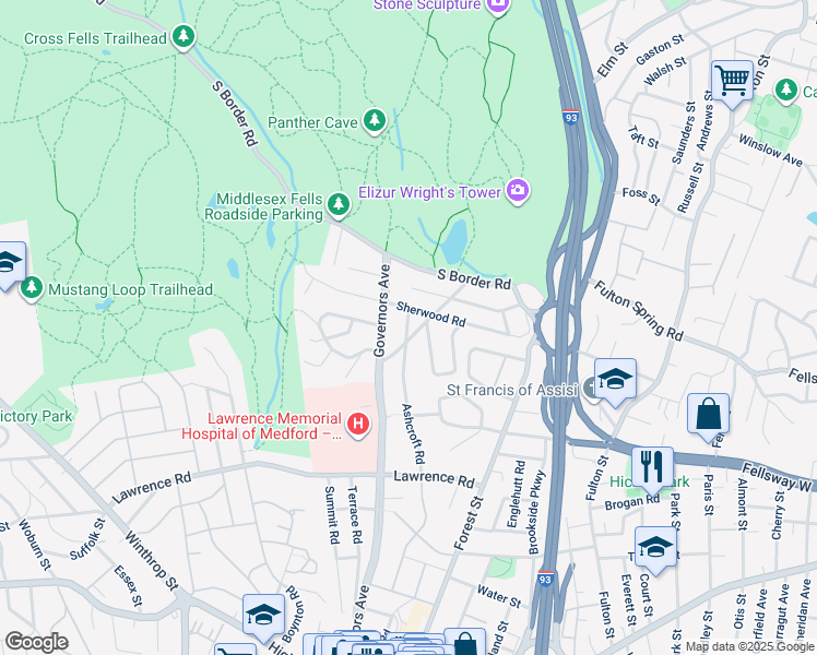 map of restaurants, bars, coffee shops, grocery stores, and more near 84 Massachusetts Avenue in Medford