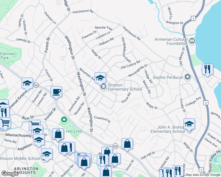 map of restaurants, bars, coffee shops, grocery stores, and more near 157 Mountain Avenue in Arlington