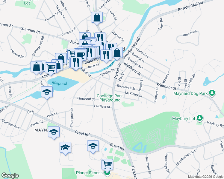 map of restaurants, bars, coffee shops, grocery stores, and more near 36 Parker Street in Maynard