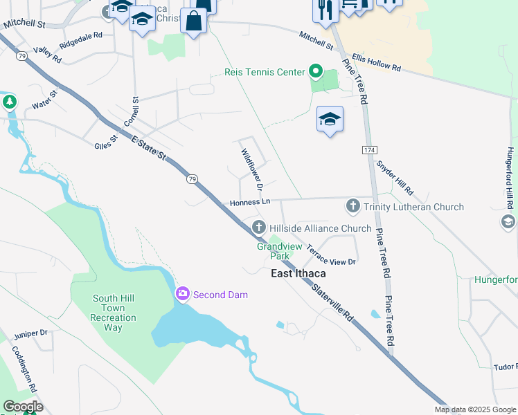 map of restaurants, bars, coffee shops, grocery stores, and more near 1410 Slaterville Road in Ithaca