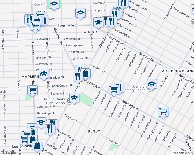 map of restaurants, bars, coffee shops, grocery stores, and more near 12454 Riad Street in Detroit