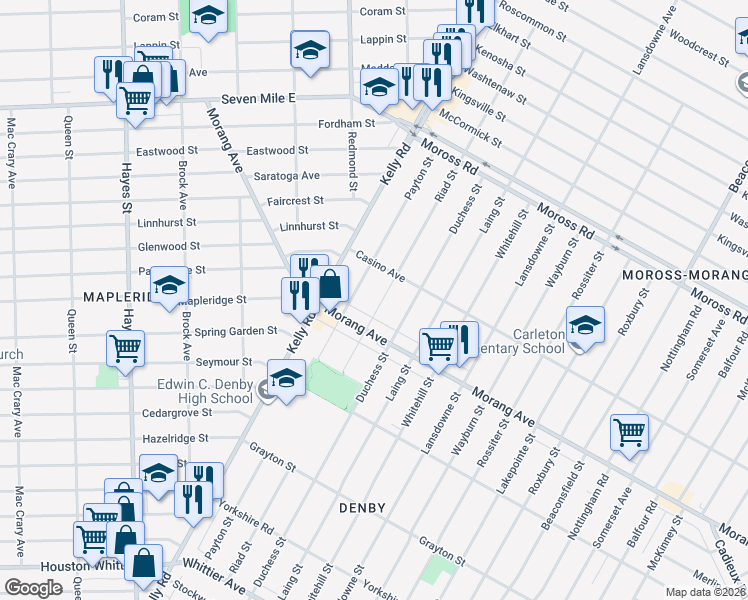map of restaurants, bars, coffee shops, grocery stores, and more near 12454 Riad Street in Detroit