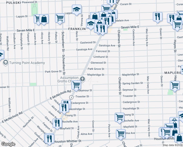 map of restaurants, bars, coffee shops, grocery stores, and more near 13971 Mapleridge Street in Detroit