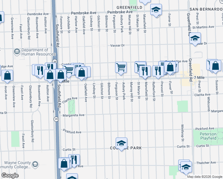 map of restaurants, bars, coffee shops, grocery stores, and more near 18937 Ferguson Street in Detroit